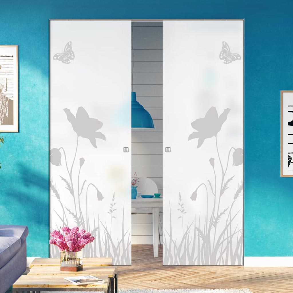 Butterfly 8mm Obscure Glass - Obscure Printed Design - Double Absolute Pocket Door