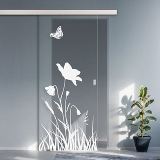 Image: Single Glass Sliding Door - Butterfly 8mm Clear Glass - Obscure Printed Design with Elegant Track