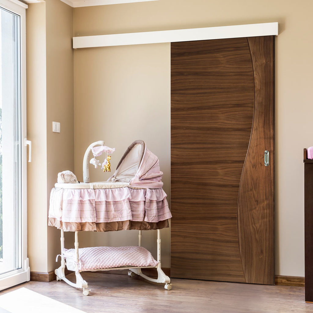 Single Sliding Door & Wall Track - Contemporary Design Cadiz Prefinished Walnut Door