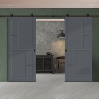 Image: Top Mounted Black Sliding Track & Solid Wood Double Doors - Eco-Urban® Cairo 6 Panel Doors DD6419 - Stormy Grey Premium Primed