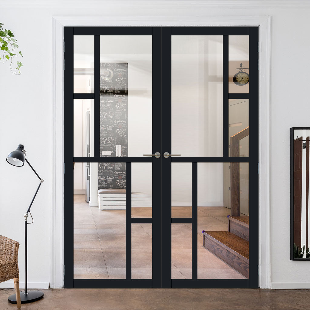 Eco-Urban Cairo 6 Pane Solid Wood Internal Door Pair UK Made DD6419G Clear Glass - Eco-Urban® Shadow Black Premium Primed