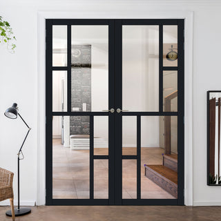 Image: Eco-Urban Cairo 6 Pane Solid Wood Internal Door Pair UK Made DD6419G Clear Glass - Eco-Urban® Shadow Black Premium Primed