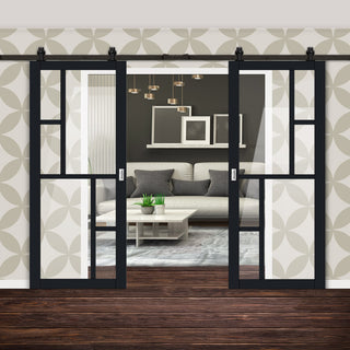 Image: Top Mounted Black Sliding Track & Solid Wood Double Doors - Eco-Urban® Cairo 6 Pane Doors DD6419G Clear Glass - Shadow Black Premium Primed