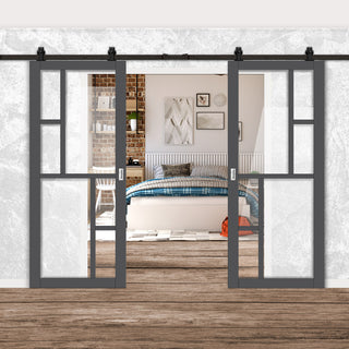 Image: Top Mounted Black Sliding Track & Solid Wood Double Doors - Eco-Urban® Cairo 6 Pane Doors DD6419G Clear Glass - Stormy Grey Premium Primed