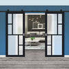 Top Mounted Black Sliding Track & Solid Wood Double Doors - Eco-Urban® Cairo 6 Pane Doors DD6419SG Frosted Glass - Shadow Black Premium Primed