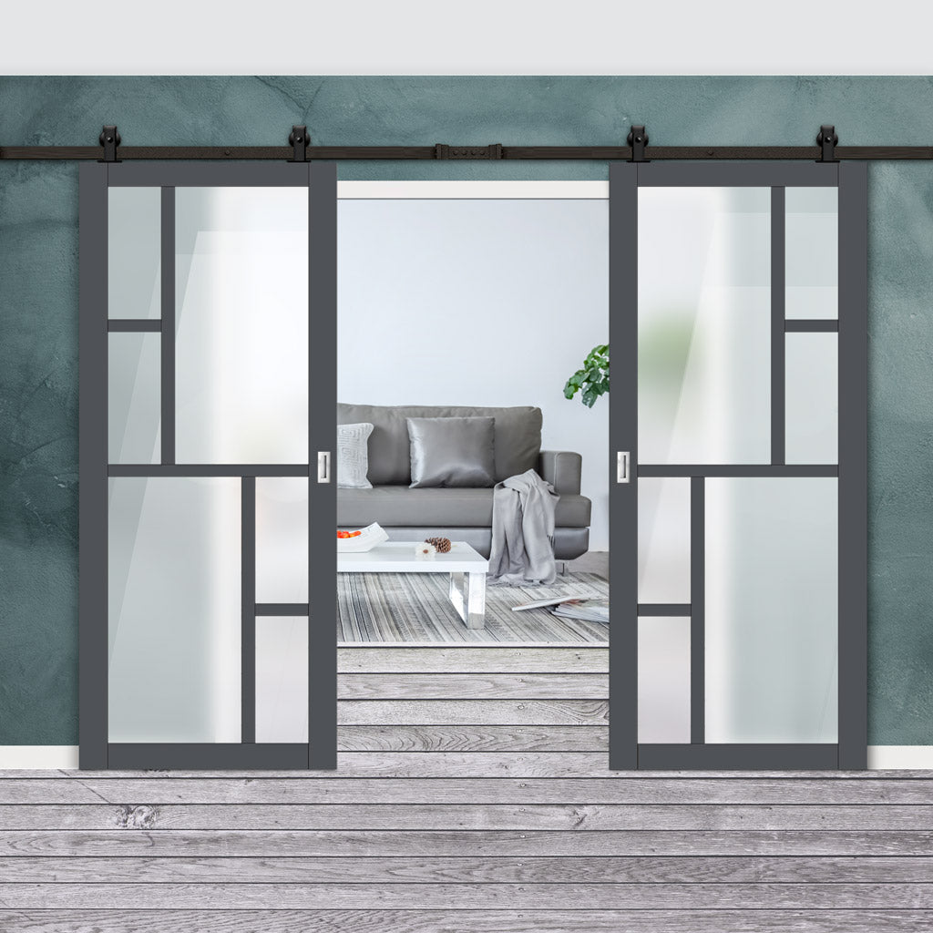 Top Mounted Black Sliding Track & Solid Wood Double Doors - Eco-Urban® Cairo 6 Pane Doors DD6419SG Frosted Glass - Stormy Grey Premium Primed