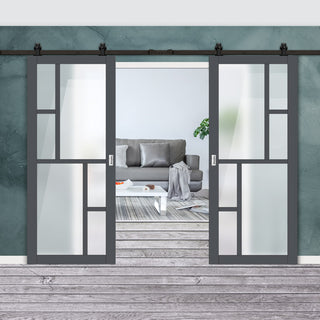 Image: Top Mounted Black Sliding Track & Solid Wood Double Doors - Eco-Urban® Cairo 6 Pane Doors DD6419SG Frosted Glass - Stormy Grey Premium Primed