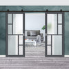 Top Mounted Black Sliding Track & Solid Wood Double Doors - Eco-Urban® Cairo 6 Pane Doors DD6419SG Frosted Glass - Stormy Grey Premium Primed