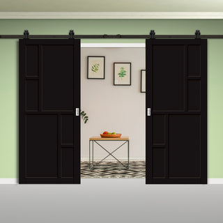Image: Top Mounted Black Sliding Track & Solid Wood Double Doors - Eco-Urban® Cairo 6 Panel Doors DD6419 - Shadow Black Premium Primed