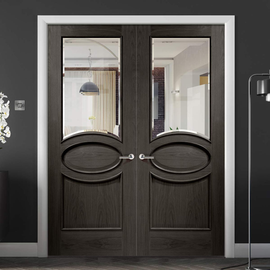 Prefinished Calabria Oak Panel Door Pair - Bevelled Clear Glass - Choose Your Colour