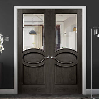 Image: Prefinished Calabria Oak Panel Door Pair - Bevelled Clear Glass - Choose Your Colour