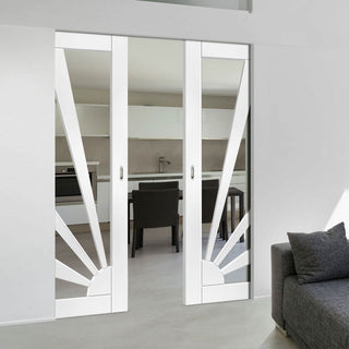 Image: Calypso Aurora Shaker Absolute Evokit Double Pocket Doors - Clear Glass - White Primed