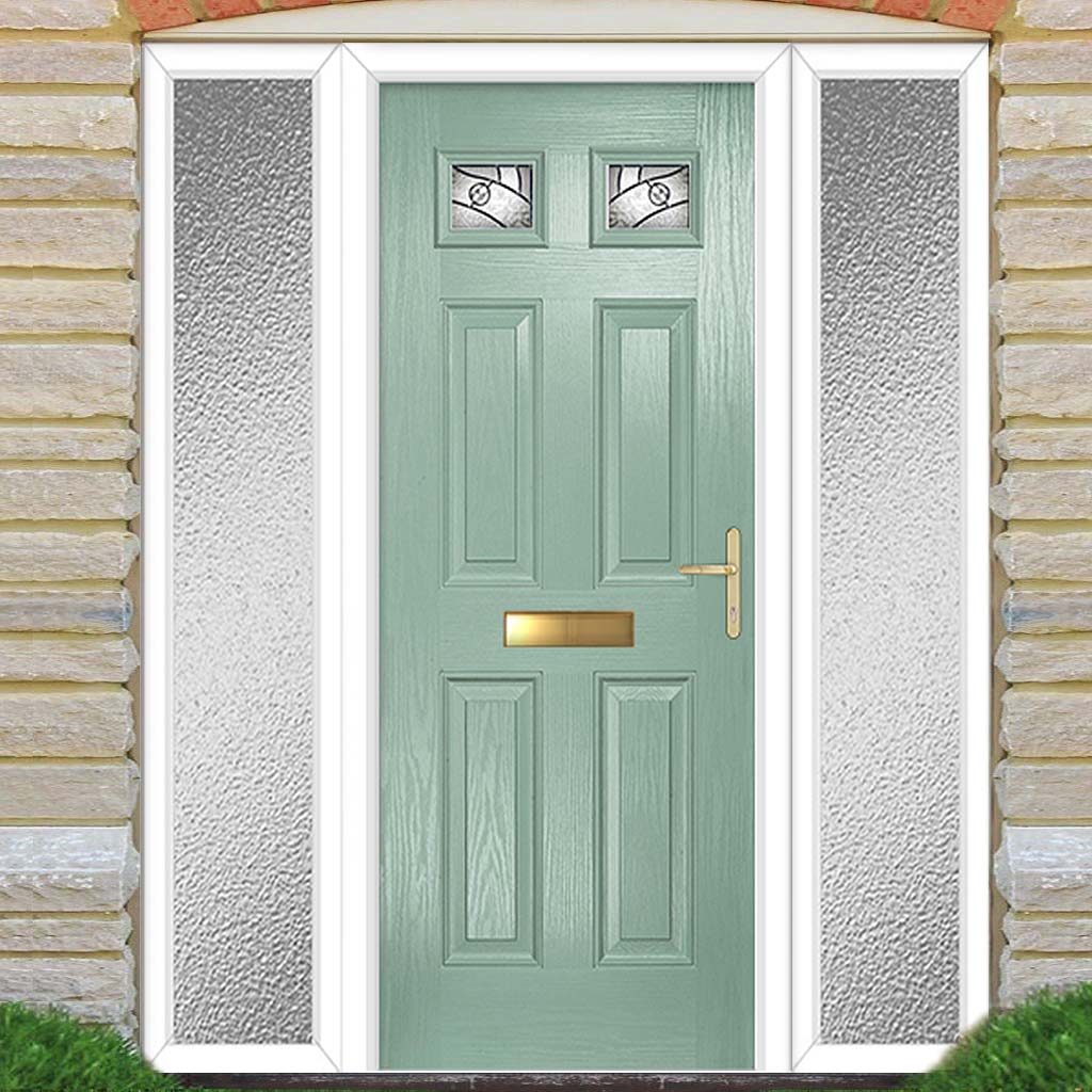 Premium Composite Front Door Set with Two Side Screens - Camarque 2 Abstract Glass - Shown in Chartwell Green
