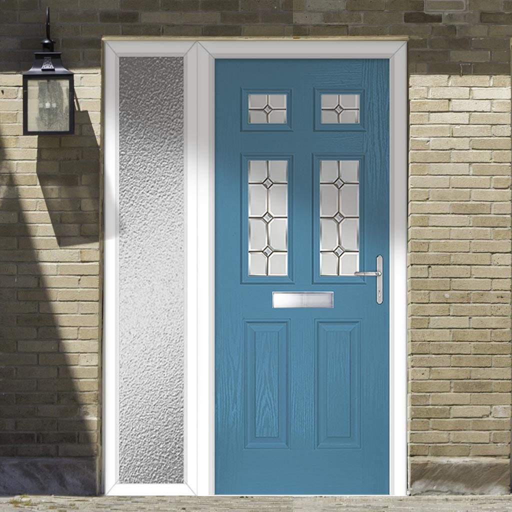 Premium Composite Front Door Set with One Side Screen - Camarque 4 Mirage Glass - Shown in Pastel Blue