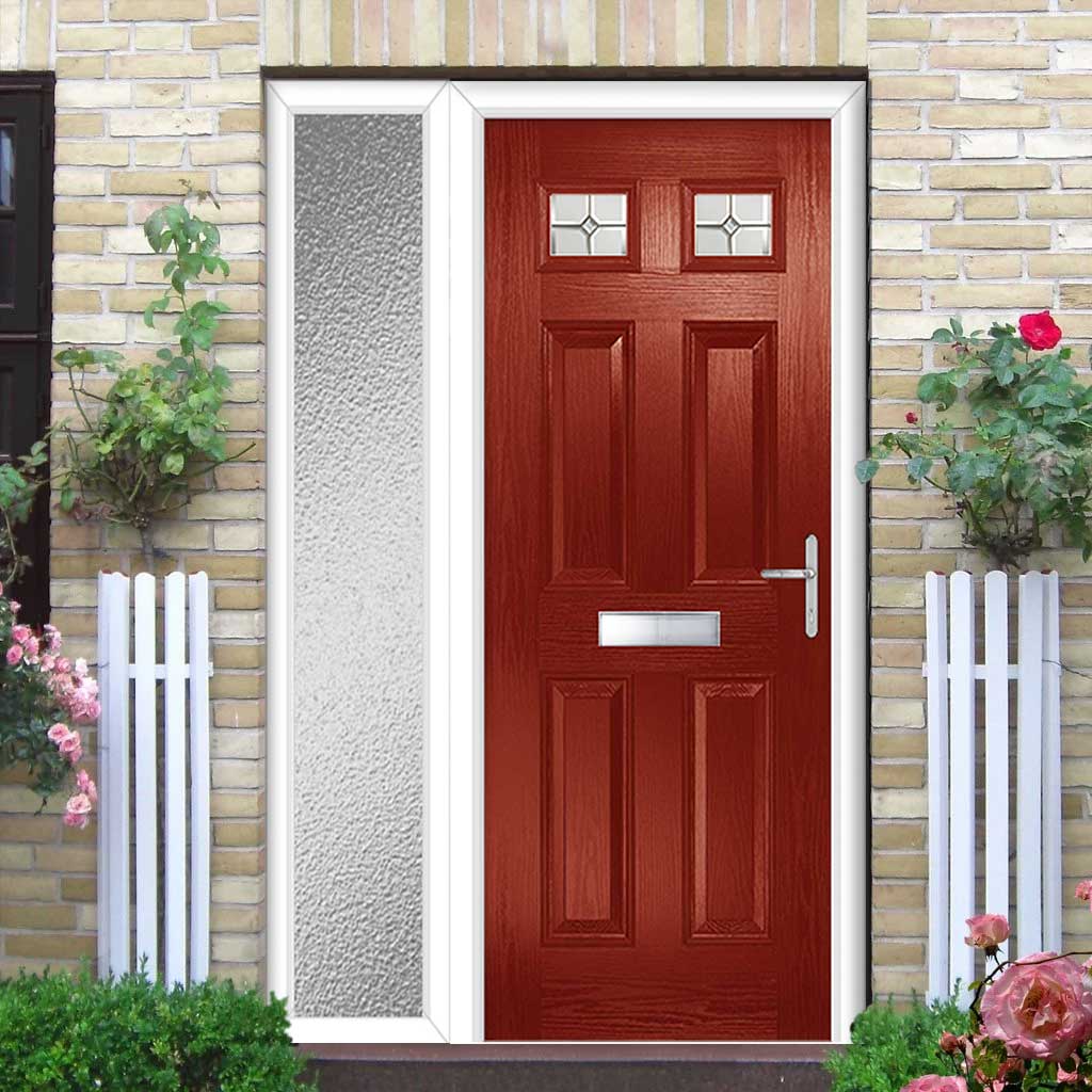 Premium Composite Front Door Set with One Side Screen - Camarque 2 Mirage Glass - Shown in Red