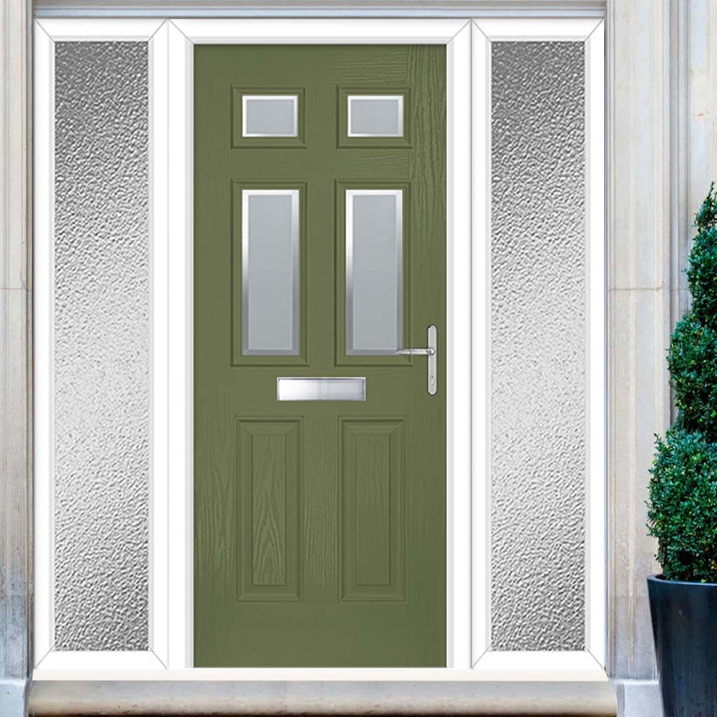 Premium Composite Front Door Set with Two Side Screens - Camarque 4 Ice Edge Glass - Shown in Reed Green