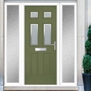 Image: Premium Composite Front Door Set with Two Side Screens - Camarque 4 Ice Edge Glass - Shown in Reed Green