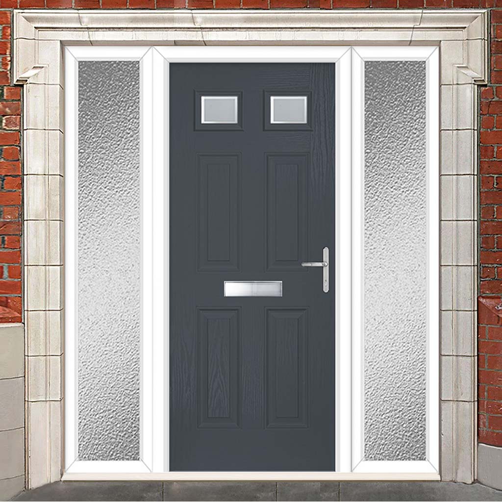 Premium Composite Front Door Set with Two Side Screens - Camarque 2 Ice Edge Glass - Shown in Slate Grey