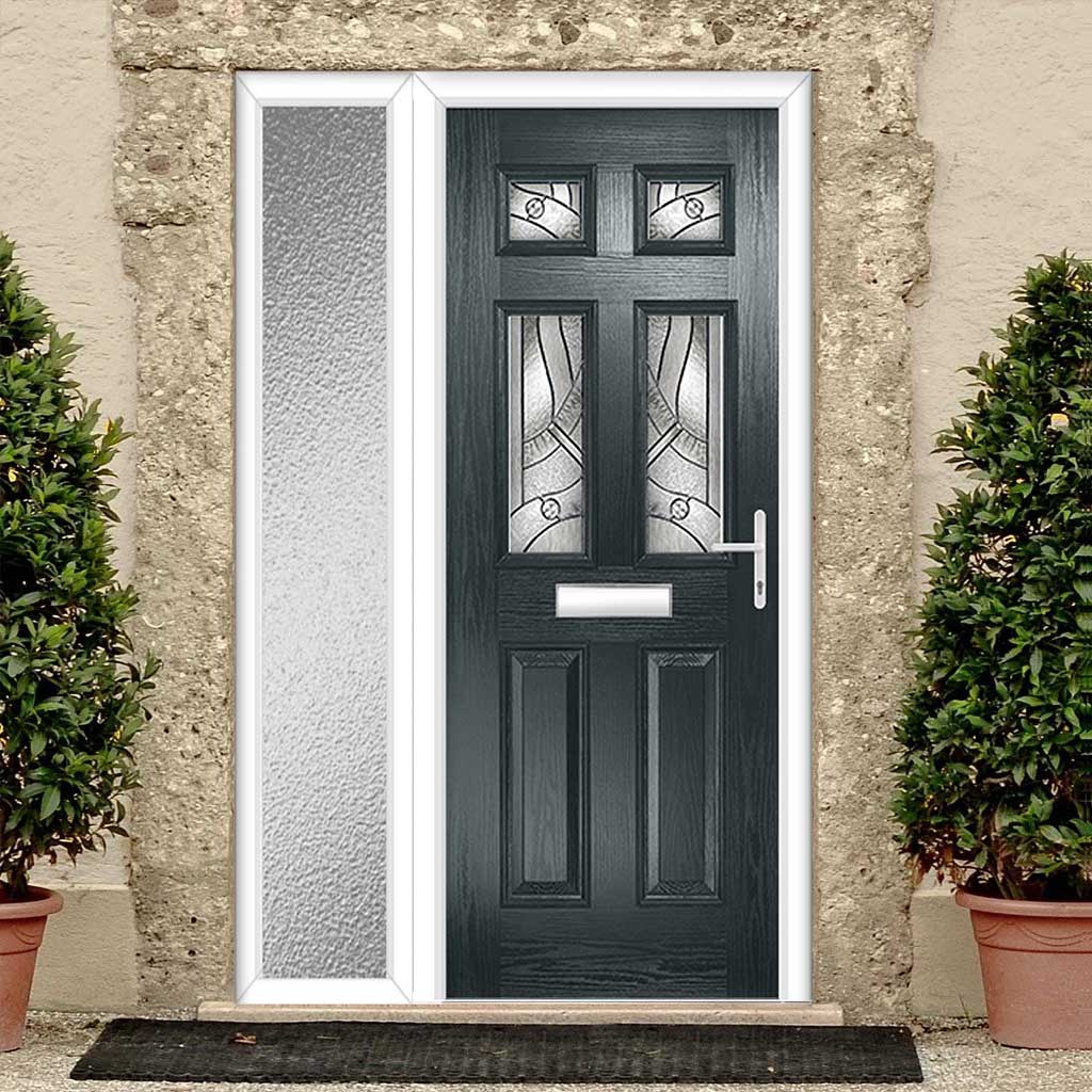 Premium Composite Front Door Set with One Side Screen - Camarque 4 Abstract Glass - Shown in Anthracite Grey