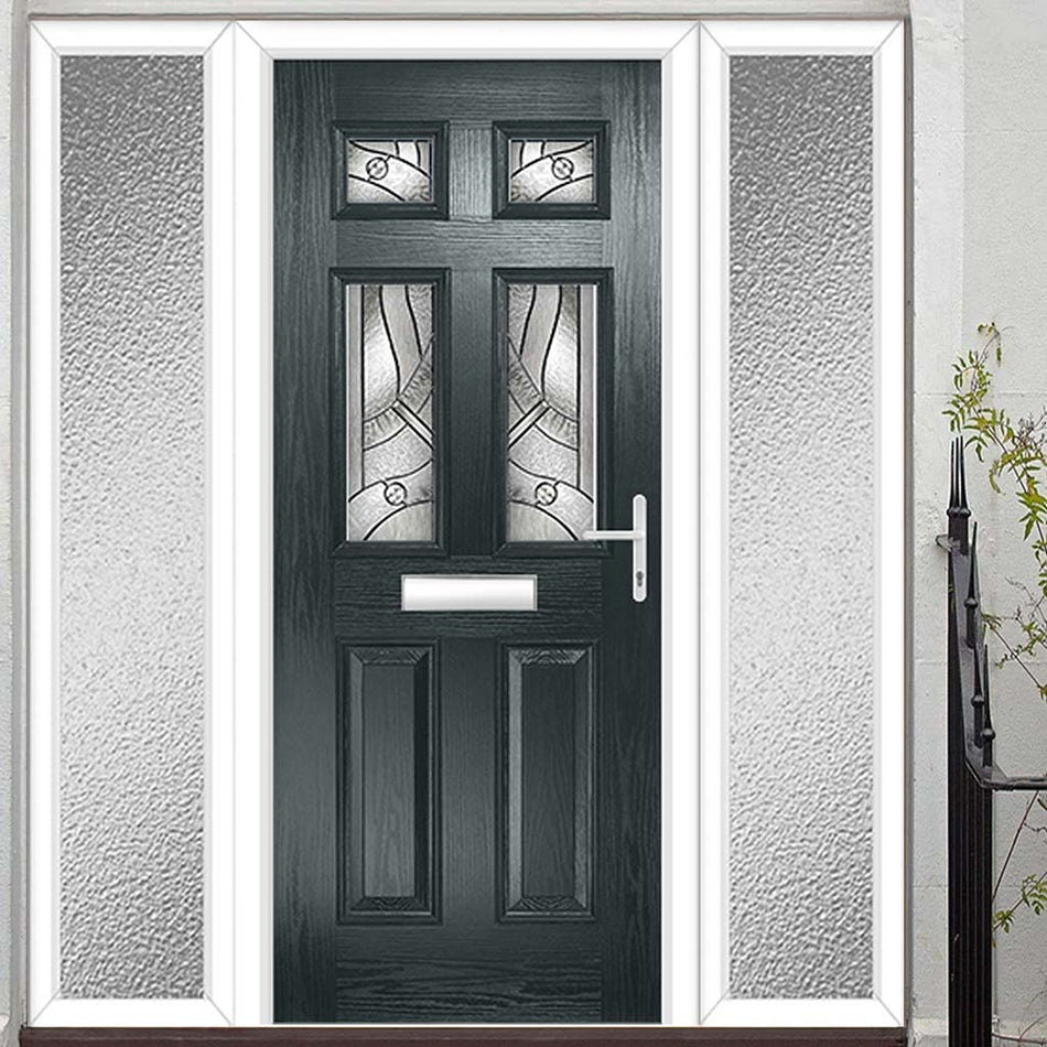 Premium Composite Front Door Set with Two Side Screens - Camarque 4 Abstract Glass - Shown in Anthracite Grey