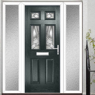 Image: Premium Composite Front Door Set with Two Side Screens - Camarque 4 Abstract Glass - Shown in Anthracite Grey