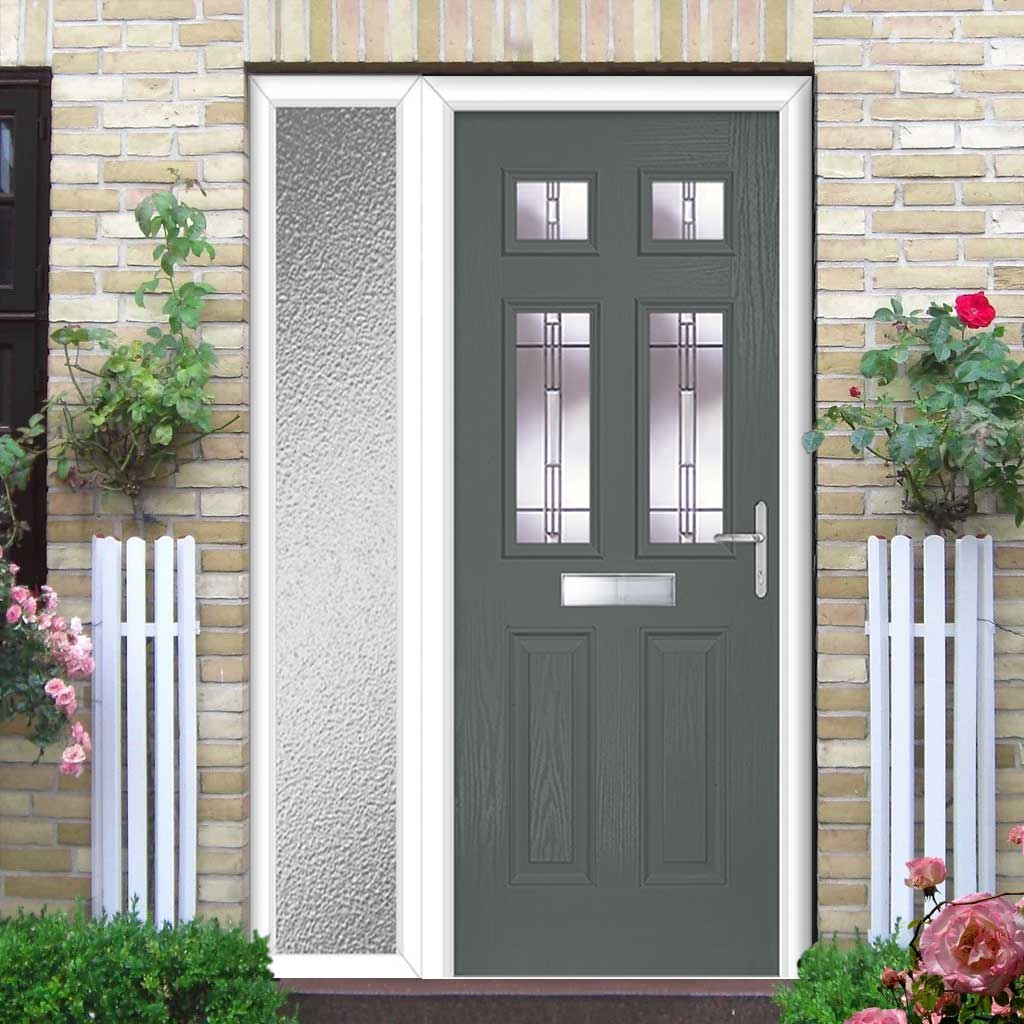 Premium Composite Front Door Set with One Side Screen - Camarque 4 Barite Glass - Shown in Mouse Grey