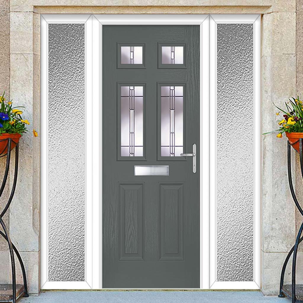 Premium Composite Entrance Door Set with Two Side Screens - Camarque 4 Barite Glass - Shown in Mouse Grey