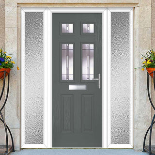 Image: Premium Composite Front Door Set with Two Side Screens - Camarque 4 Barite Glass - Shown in Mouse Grey