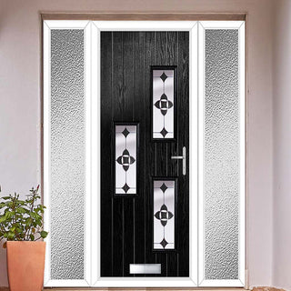 Image: Cottage Style Cambridge 3 Composite Front Door Set with Double Side Screen - Hnd Palopo Black Glass - Shown in Black