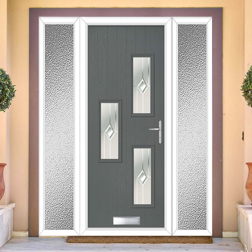 Cottage Style Cambridge 3 Composite Front Door Set with Double Side Screen - Hnd Roma Glass - Shown in Mouse Grey