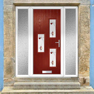 Image: Cottage Style Cambridge 3 Composite Front Door Set with Double Side Screen - Hnd Kupang Red Glass - Shown in Red