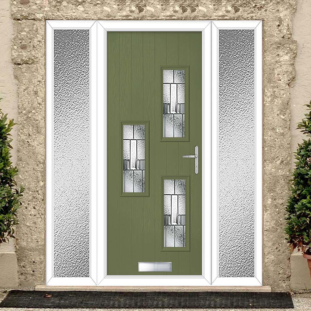 Cottage Style Cambridge 3 Composite Front Door Set with Double Side Screen - Hnd Prairie Glass - Shown in Reed Green
