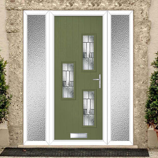 Image: Cottage Style Cambridge 3 Composite Front Door Set with Double Side Screen - Hnd Prairie Glass - Shown in Reed Green