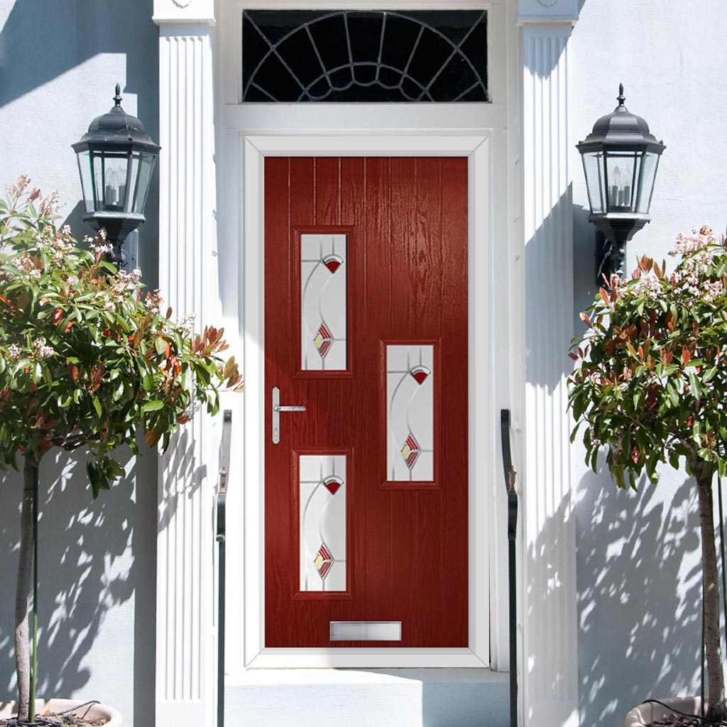 Cottage Style Cambridge 3 Composite Front Door Set with Hnd Kupang Red Glass - Shown in Red
