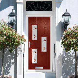 Image: Cottage Style Cambridge 3 Composite Front Door Set with Hnd Kupang Red Glass - Shown in Red