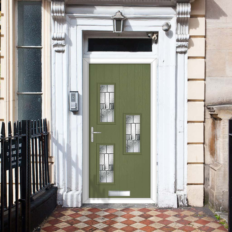 Cottage Style Cambridge 3 Composite Front Door Set with Hnd Prairie Glass - Shown in Reed Green