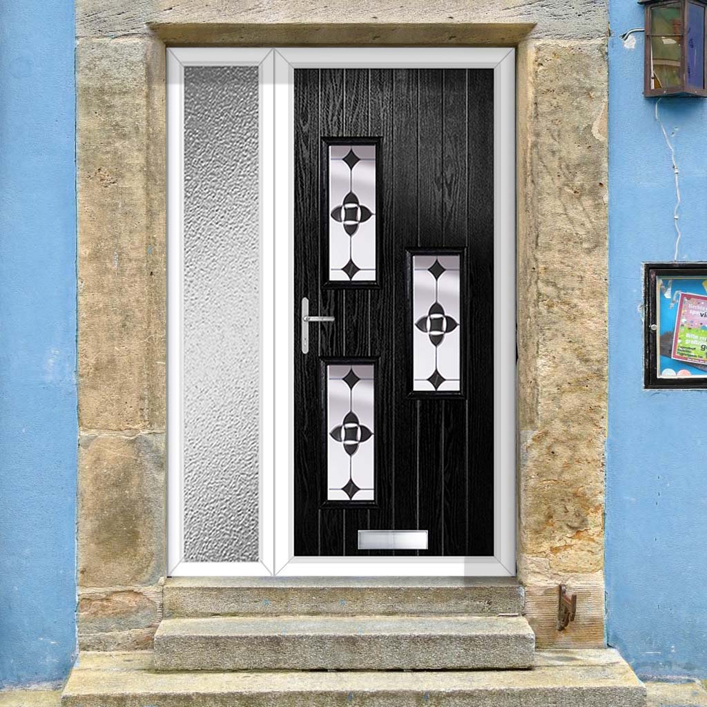 Cottage Style Cambridge 3 Composite Front Door Set with Single Side Screen - Hnd Palopo Black Glass - Shown in Black