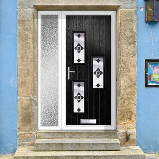 Image: Cottage Style Cambridge 3 Composite Front Door Set with Single Side Screen - Hnd Palopo Black Glass - Shown in Black