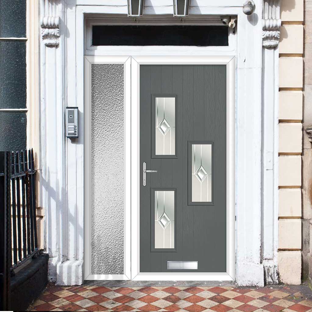 Cottage Style Cambridge 3 Composite Front Door Set with Single Side Screen - Hnd Roma Glass - Shown in Mouse Grey