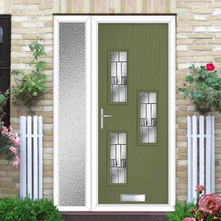 Image: Cottage Style Cambridge 3 Composite Front Door Set with Single Side Screen - Hnd Prairie Glass - Shown in Reed Green