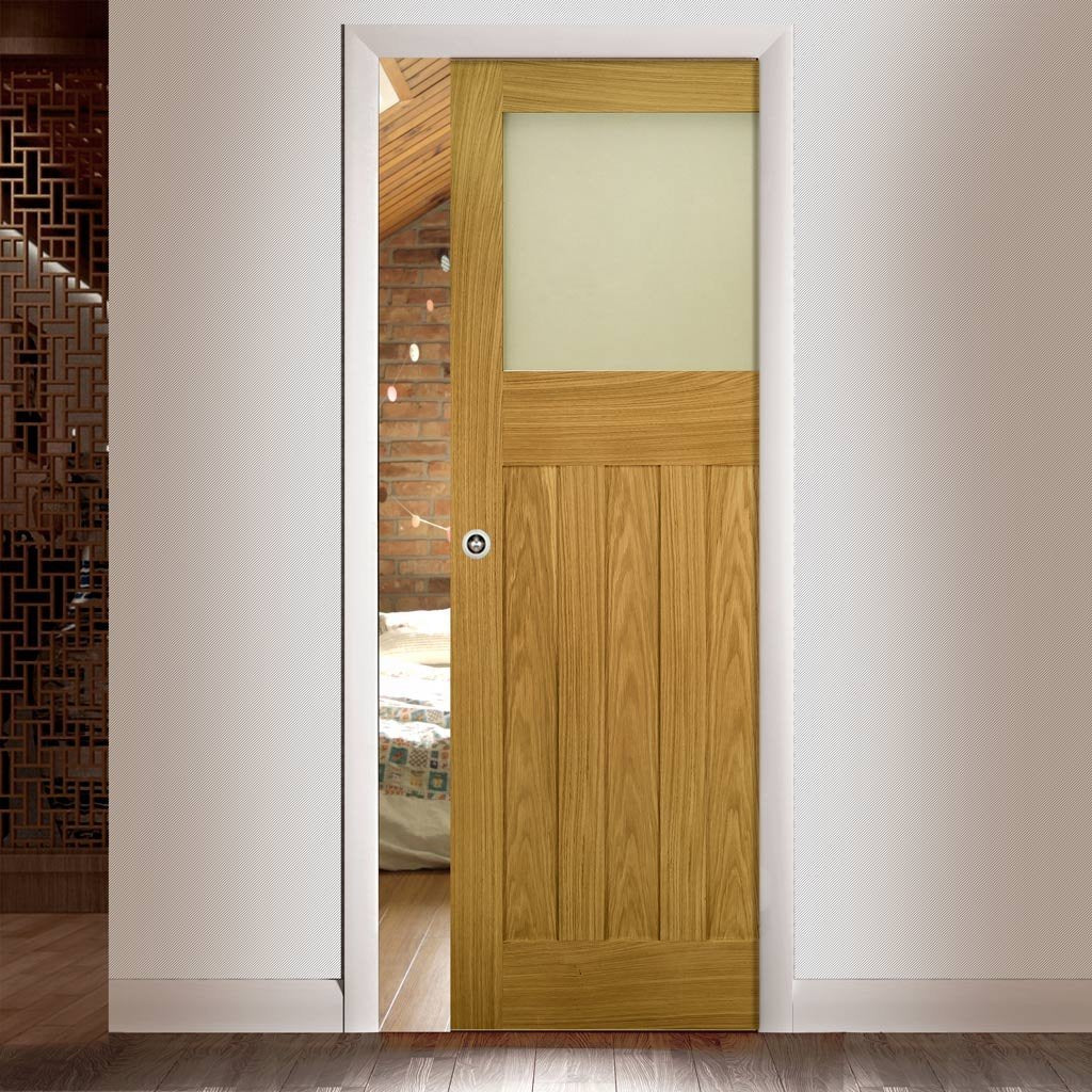 Cambridge Period Oak Single Evokit Pocket Door - Frosted Glass - Unfinished