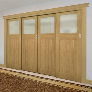 Image: Pass-Easi Four Sliding Doors and Frame Kit - Cambridge Period Oak Door - Frosted Glass - Unfinished