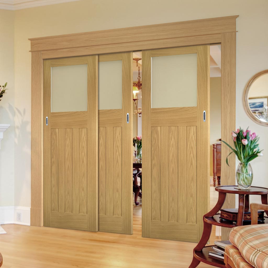 Pass-Easi Three Sliding Doors and Frame Kit - Cambridge Period Oak Door - Frosted Glass - Unfinished