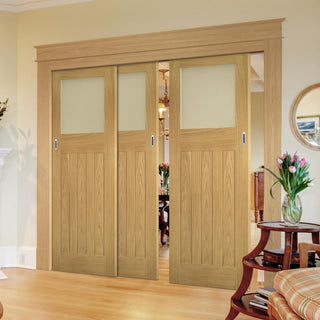 Image: Pass-Easi Three Sliding Doors and Frame Kit - Cambridge Period Oak Door - Frosted Glass - Unfinished