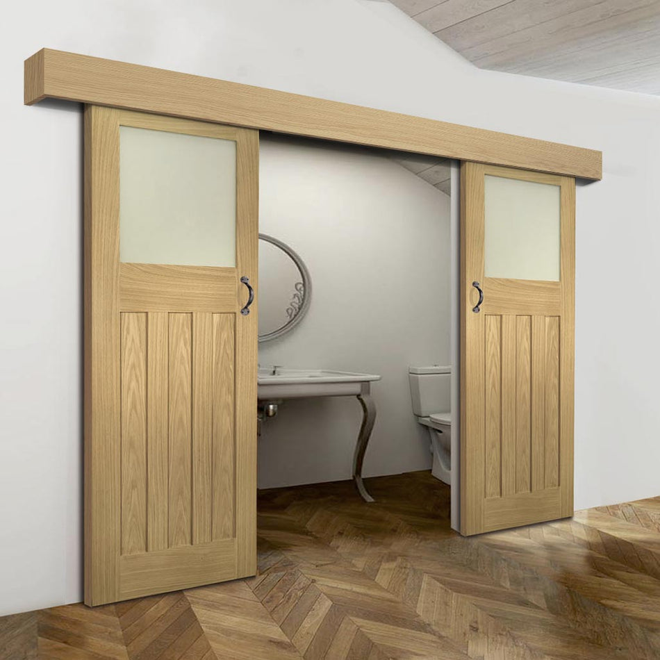 Double Sliding Door & Wall Track - Cambridge Period Oak Door - Frosted Glass - Unfinished