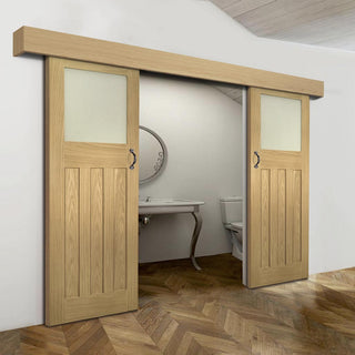 Image: Double Sliding Door & Wall Track - Cambridge Period Oak Door - Frosted Glass - Unfinished