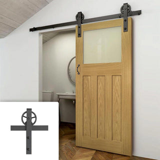 Image: Single Sliding Door & Wagon Wheel Black Track - Cambridge Period Oak Door - Frosted Safety Glass - Unfinished
