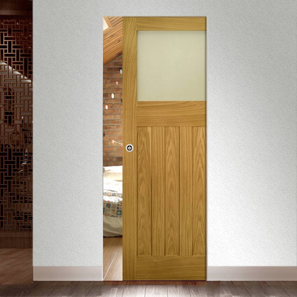 Cambridge Period Oak Absolute Evokit Single Pocket Door - Frosted Glass - Unfinished