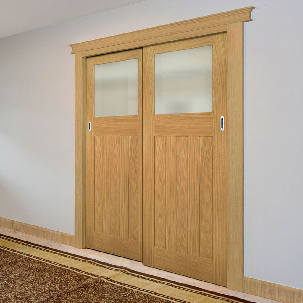 Two Sliding Maximal Wardrobe Doors & Frame Kit - Cambridge Period Oak Door - Frosted Glass - Unfinished