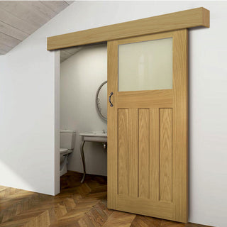 Image: Single Sliding Door & Wall Track - Cambridge Period Oak Door - Frosted Glass - Unfinished